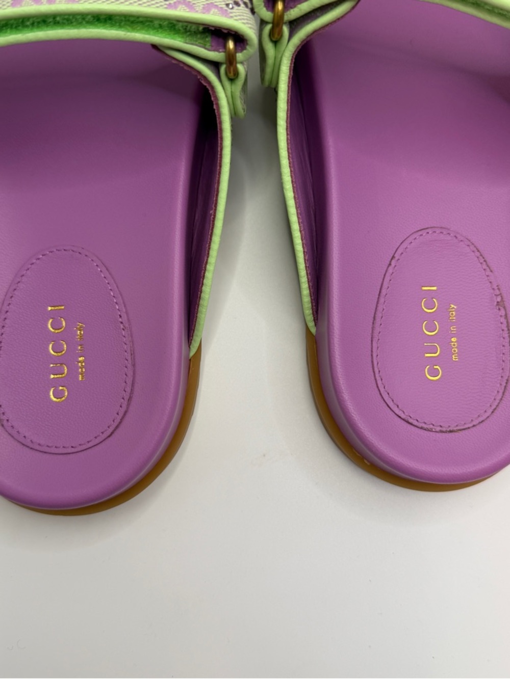 NWT Gucci Crystal Purple & Green GG Canvas Double-Strap Slides size 38 fit 8US - Picture 5 of 5